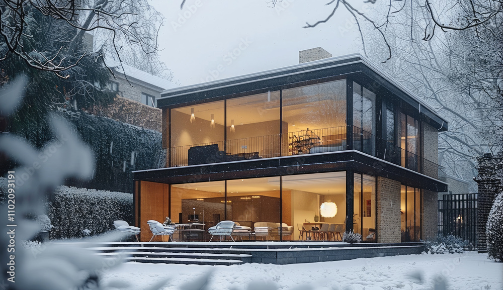 Poster a house extension under the snow, modern architecture on a snow day.