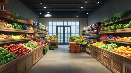 Obraz premium A beautifully organized aisle with a diverse selection of fruits and vegetables in a modern grocery store