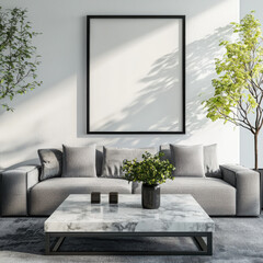 Minimalist living room with floating black frame marble coffee table mockup for professional presentation
