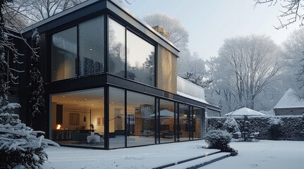 A house extension under the snow, modern architecture on a snow day.