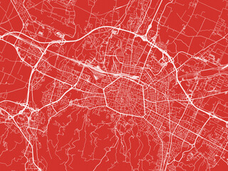 Christmas Map of Bologna, Italy in Snowy White on Festive Red Background.