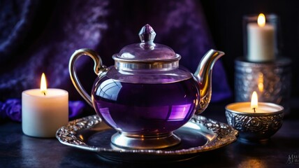 Purple tea in glass teapot with candles.