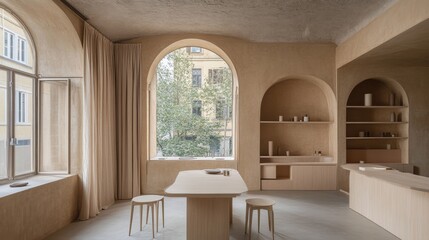 Warm and Inviting Minimalist Interior with Arched Windows and Natural Lighting