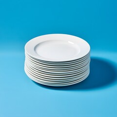 Stacked White Plates on Blue Background