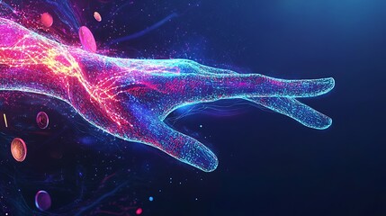 Digital illustration showcasing a vibrant, glowing hand reaching out against a cosmic backdrop filled with colorful particles and energy