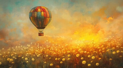 Fototapeta premium A colorful hot air balloon ascending over a golden dandelion meadow at sunset, capturing a tranquil and dreamy ambiance.