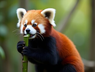A red panda holding bamboo leaves while eating, surrounded by vegetation in its natural habitat