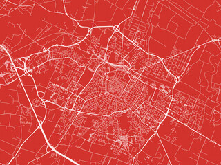 Christmas Map of Modena, Italy in Snowy White on Festive Red Background.