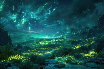 Obraz premium A Glowing Nighttime Landscape with Distant Lights and a Starry Sky