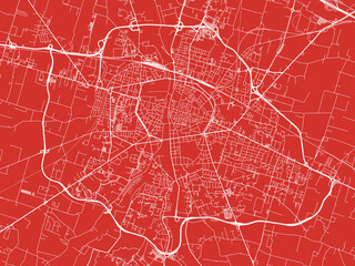 Christmas Map of Parma, Italy in Snowy White on Festive Red Background.