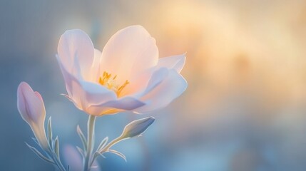 Obraz premium A delicate freesia blossom glowing under soft evening light.