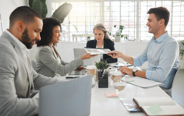 Corporate, people and meeting for document in office of finance report, investment proposal and collaboration. Employees, planning and paperwork of project feedback, negotiation and financial budget