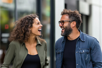 Naklejka premium Portrait of a young man and woman laughing and looking at each other outdoor