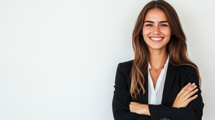 Happy cheerful female consultant looking at camera. Young europe business woman with clasped hands standing isolated over white background, smiling. Happy entrepreneur concept