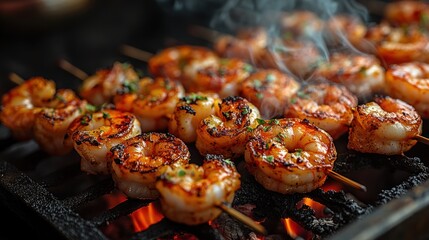 Here's a description and keywords for your image.. Close-up of sizzling grilled shrimp skewers on a barbecue grill.