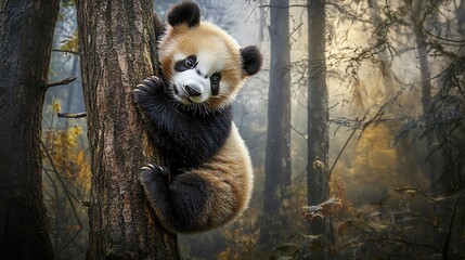Obraz premium A playful panda cub clings to a tree in a serene forest setting.