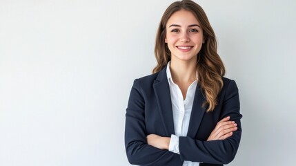 Obraz premium Happy cheerful female consultant looking at camera. Young europe business woman with clasped hands standing isolated over white background, smiling. Happy entrepreneur concept