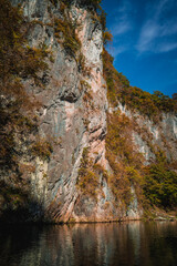 Geibikei gorge valley Japan, travel destinations in autumn or fall season, color of leaf in yellow, orange and green. Nature and mountain attraction view. floating activity. Japan sightseeing.