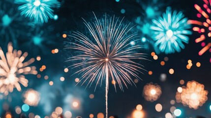 Fototapeta premium Fireworks exploding above a lively street party celebrating new year's eve