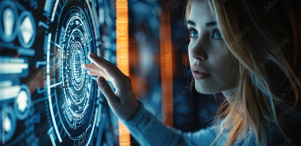 Aufkleber a woman manipulating the holographic security process of a futuristic high-tech security system.