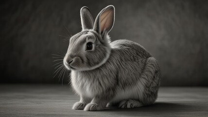 Obraz premium Grey rabbit sitting on grey background.