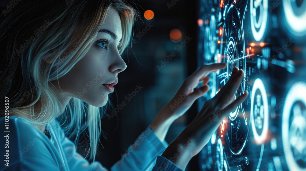 Aufkleber a woman manipulating the holographic security process of a futuristic high-tech security system.