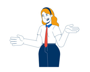 Positive office worker blonde woman gesturing 2D cartoon character. Spirited female young adult employee shirt tie isolated person flat vector on white background. Spot illustration colorful