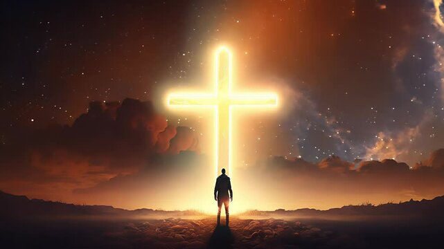 Man standing before a glowing Christian cross under a starry night sky, spiritual hope concept. Created with generative AI