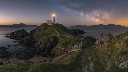 Enchanting Lighthouse Overlooking Serene Coastal Landscape at Dusk