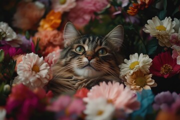 Cat on flower bed