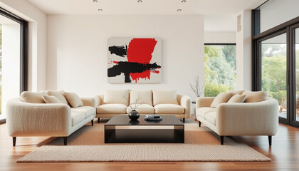 Japandi Minimalist Interior Design with Art Frame and Stylish Sofa in Modern Living Room.