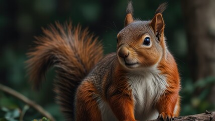 Obraz premium Close-up of a red squirrel perched on a branch, looking to the side.