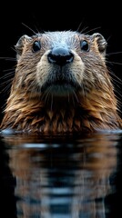 Close-up portrait of a curious otter peering over the water surface in its natural aquatic habitat, displaying wet fur and reflective, dark eyes.