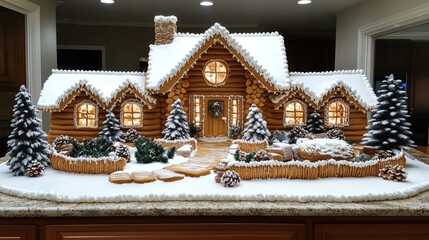Intricately designed gingerbread house with snowy decorations featuring detailed architectural elements and festive winter landscape in a cozy indoor setting