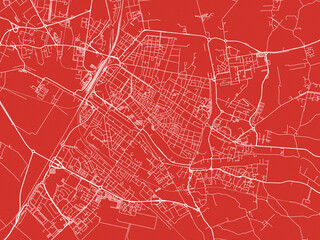 Christmas Map of Ferrara, Italy in Snowy White on Festive Red Background.