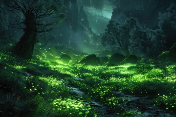 Obraz premium Enchanting Forest Creek with Glowing Flora and Silhouetted Trees