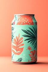 Obraz premium Tropical-themed beverage can with leaf design against orange background, vibrant and eye-catching.