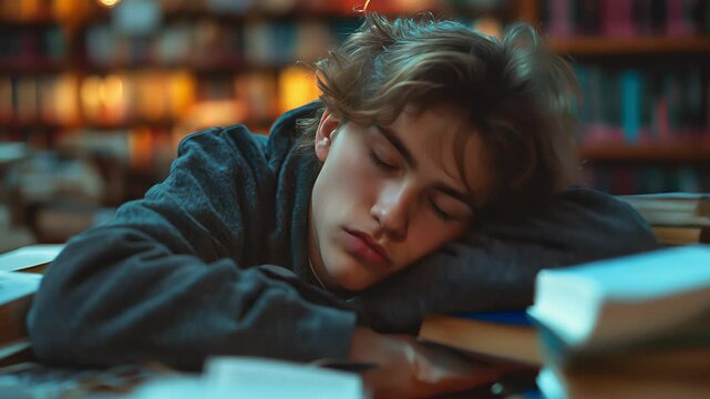 Boy taking a nap while studying in the library. Created with Generative AI.	
