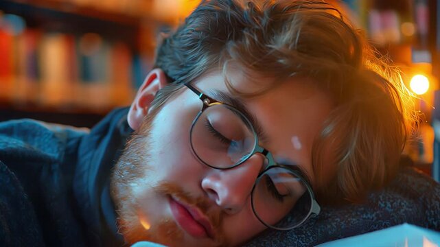 Boy taking a nap while studying in the library. Created with Generative AI.	
