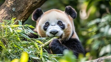 A panda munching on bamboo in a lush green environment.