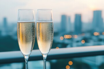 Celebrating new year's eve with champagne on a chic balcony overlooking city skyline