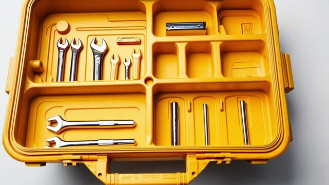 Yellow toolbox with organized tools and a white background.