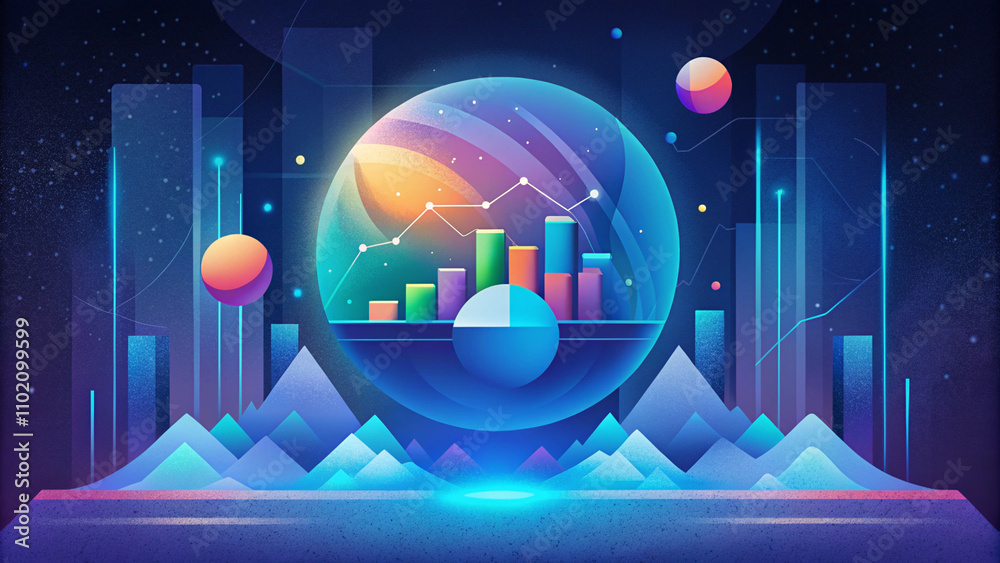 Poster futuristic data analysis screen displaying colorful graphs and holographic elements in a cosmic sett