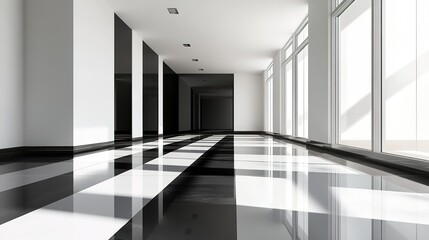 Obraz premium Modern Minimalist Corridor: A sleek, minimalist hallway with a black and white checkered floor, large windows, and smooth, clean walls. It evokes a sense of sophistication and order. 