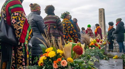 Fototapeta premium People Laying Flowers in Memory of the Fallen