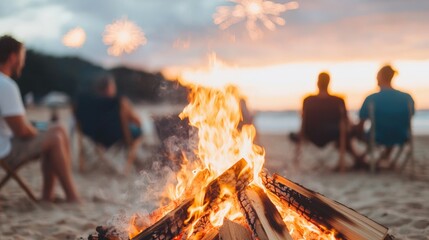 Friends celebrating new year's eve with bonfire and fireworks on the beach