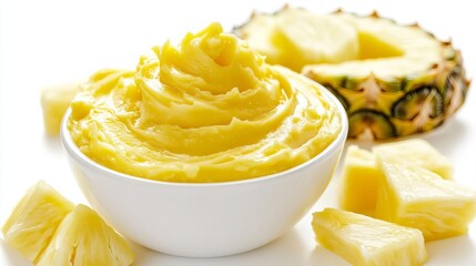 Delicious Creamy Pineapple Puree in Bowl Fresh Pineapple Slices