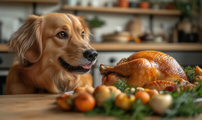 Golden retriever gazes at a roasted turkey surrounded by fresh vegetables and herbs. Warm kitchen light adds a cozy and festive touch. A charming scene full of joy and holiday spirit.