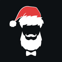 Santa Claus face emblem on black background. Santa red hat, beard, mustache and bow tie. Vector illustration