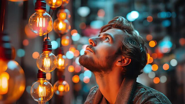 Thoughtful man looking up at glowing vintage light bulbs with warm bokeh city lights background. Created with generative AI